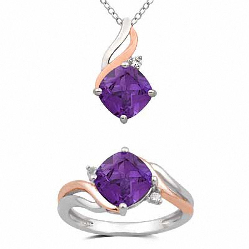 Main Image 1 of 8.0mm Cushion-Cut Amethyst Pendant and Ring Set in Sterling Silver and 14K Rose Gold Plate - Size 7