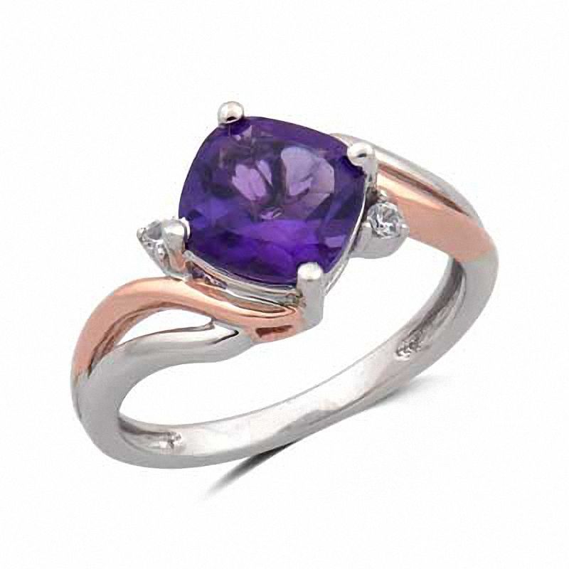 Main Image 2 of 8.0mm Cushion-Cut Amethyst Pendant and Ring Set in Sterling Silver and 14K Rose Gold Plate - Size 7