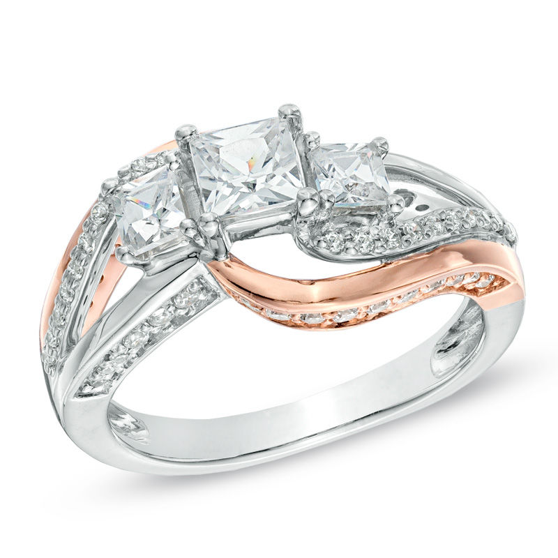 Main Image 1 of 1-1/4 CT. T.W. Princess-Cut Diamond Three Stone Swirl Ring in 14K Two-Tone Gold