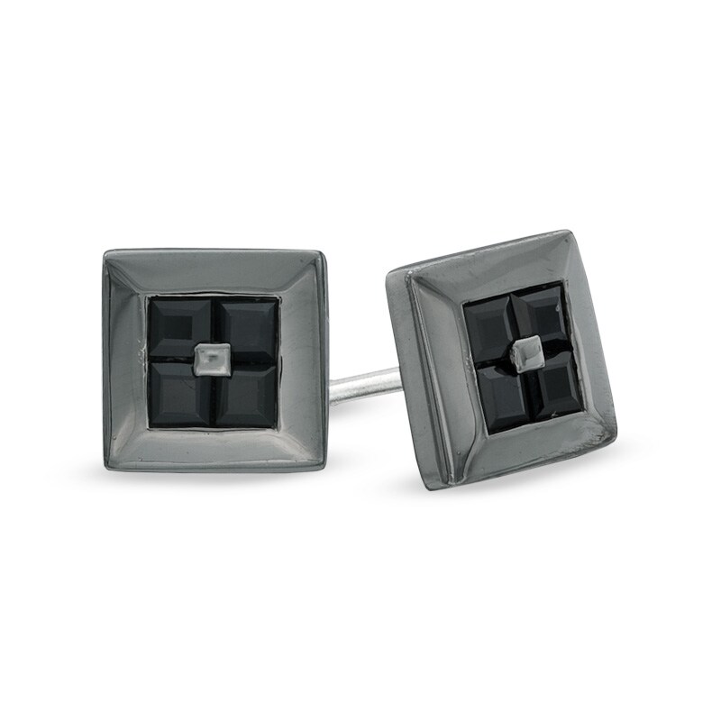 Main Image 1 of Quad Square-Cut Black Sapphire Stud Earrings in Black Ruthenium Plated Sterling Silver