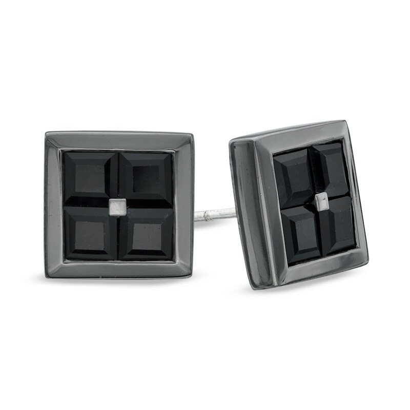 Main Image 1 of Square-Cut Quad Black Sapphire Stud Earrings in Black Ruthenium Plated Sterling Silver