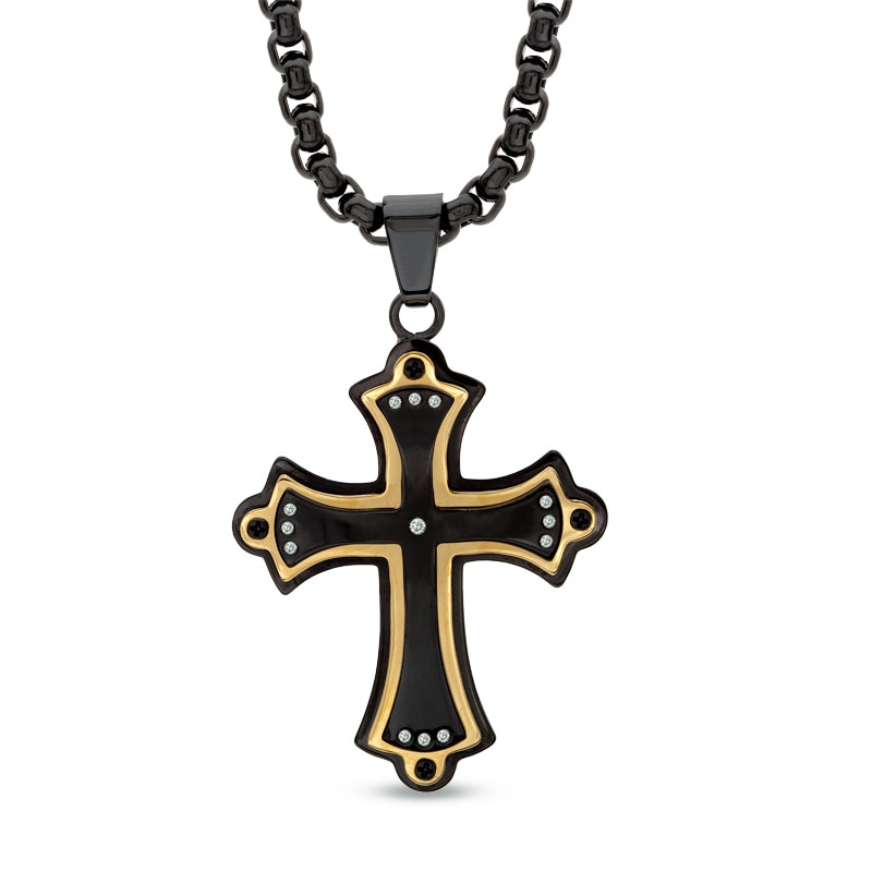 Main Image 1 of Men's Diamond Accent Stacked Cross Pendant in Two-Tone Stainless Steel - 24"