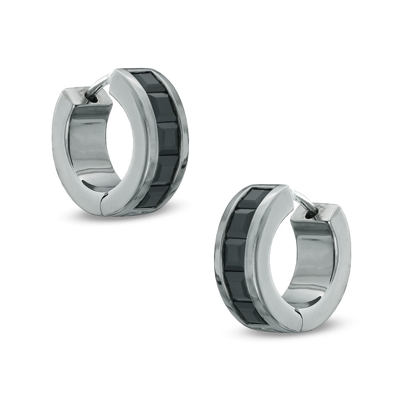 Main Image 1 of Square-Cut Black Sapphire Huggie Hoop Earrings in Black Ruthenium Plated Sterling Silver