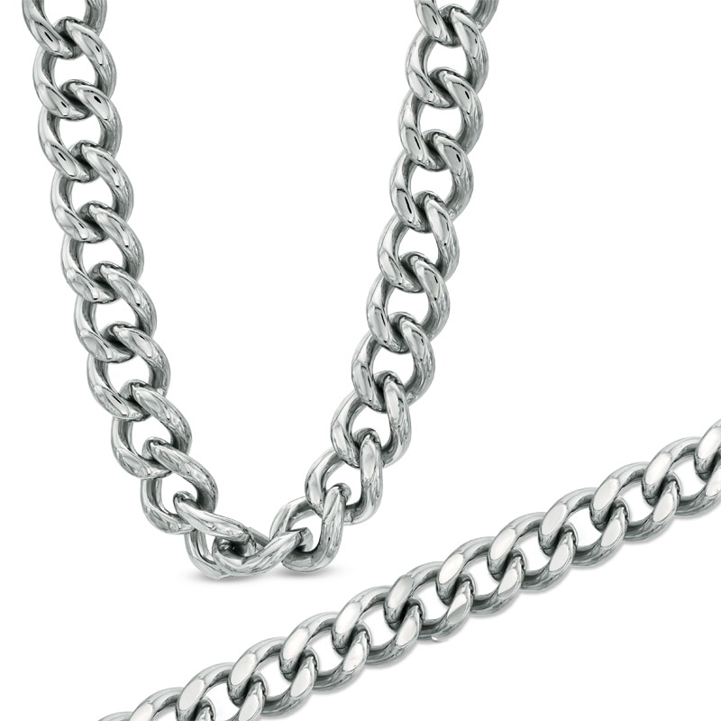 Main Image 1 of Men's 8.0mm Flat Curb Necklace and Bracelet Set in Stainless Steel - 24&quot;