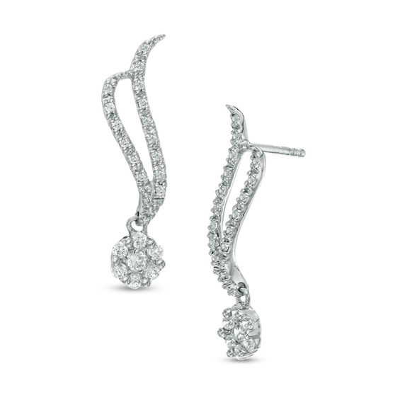 1/3 CT. T.W. Diamond Cluster Double Wave Drop Earrings in 10K White ...