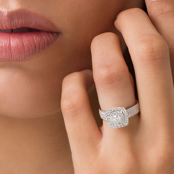 1 CT. T.w. Diamond Double Frame Triple Row Engagement Ring in 14K White Gold