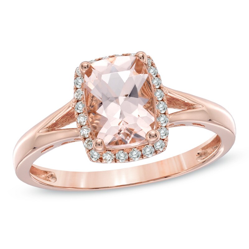 Main Image 1 of Cushion-Cut Morganite and 1/8 CT. T.W. Diamond Ring in 10K Rose Gold
