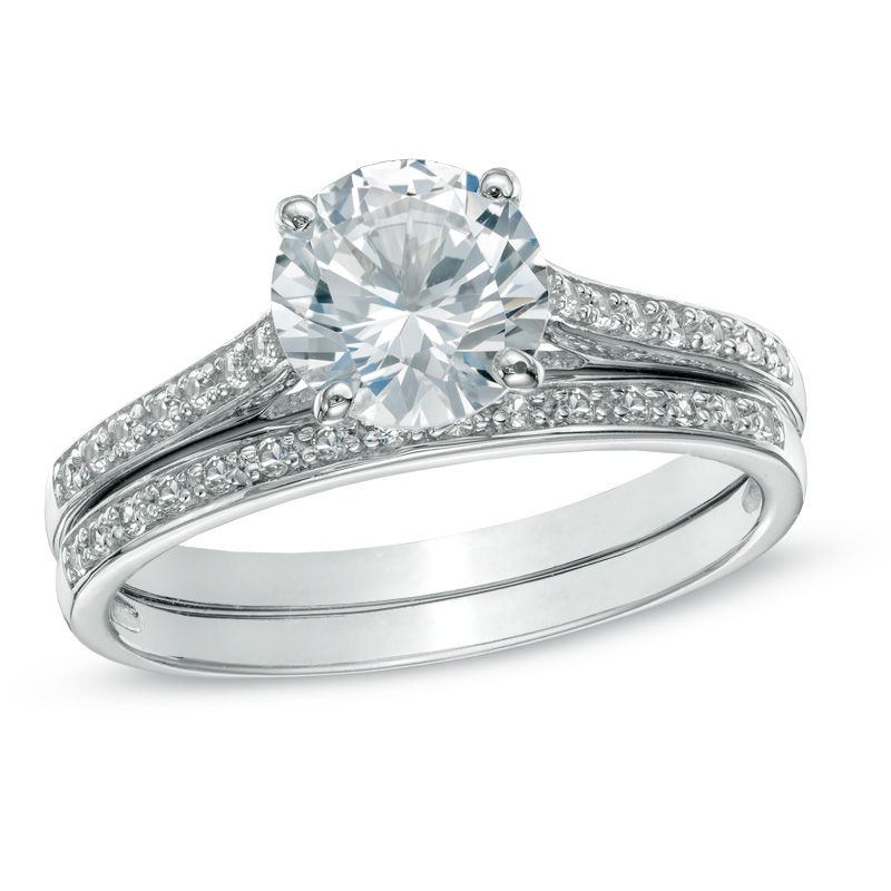 Main Image 1 of 7.0mm Lab-Created White Sapphire Fashion Ring Set in Sterling Silver