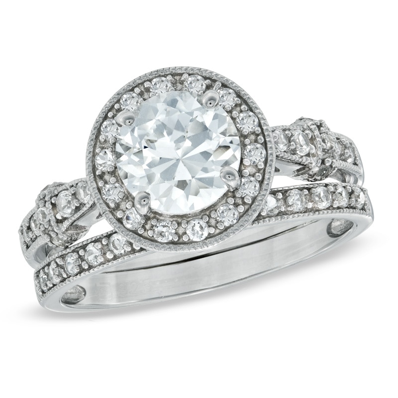 Main Image 1 of 7.0mm Lab-Created White Sapphire Fashion Ring Set in Sterling Silver