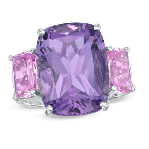 Cushion-Cut Amethyst and Lab-Created Pink Sapphire Ring in Sterling Silver
