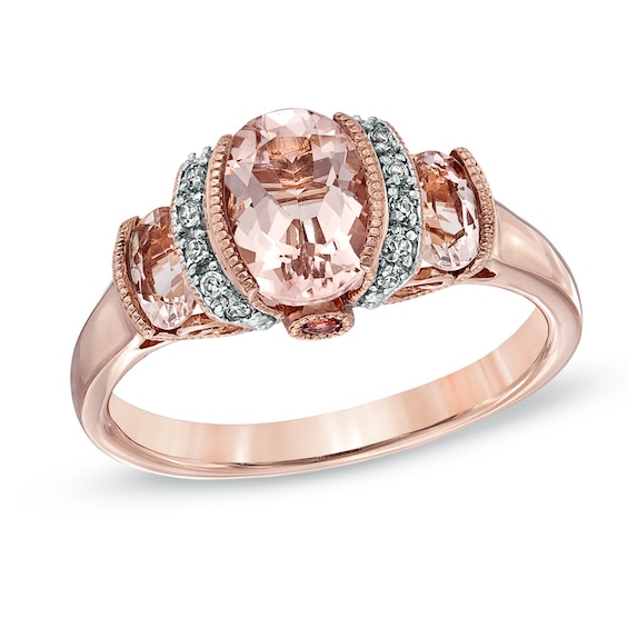 Oval Morganite, Pink Tourmaline and Diamond Accent Three Stone Ring in 10K Rose Gold