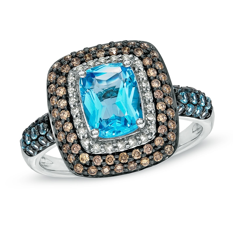 Main Image 1 of Cushion-Cut Blue Topaz and 1/3 CT. T.W. Enhanced Champagne and White Diamond Ring in 10K White Gold
