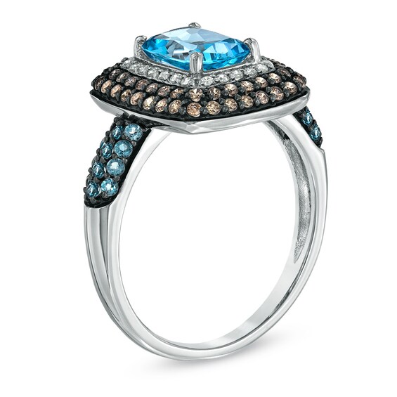 Cushion-Cut Blue Topaz and 1/3 CT. T.w. Enhanced Champagne and White Diamond Ring in 10K White Gold