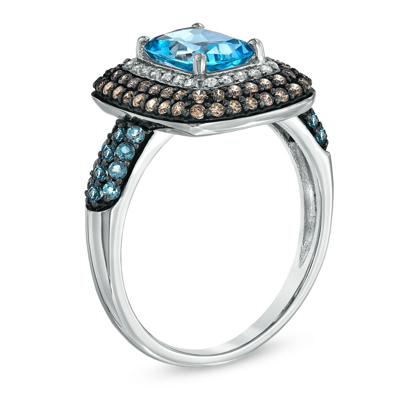 Main Image 2 of Cushion-Cut Blue Topaz and 1/3 CT. T.W. Enhanced Champagne and White Diamond Ring in 10K White Gold
