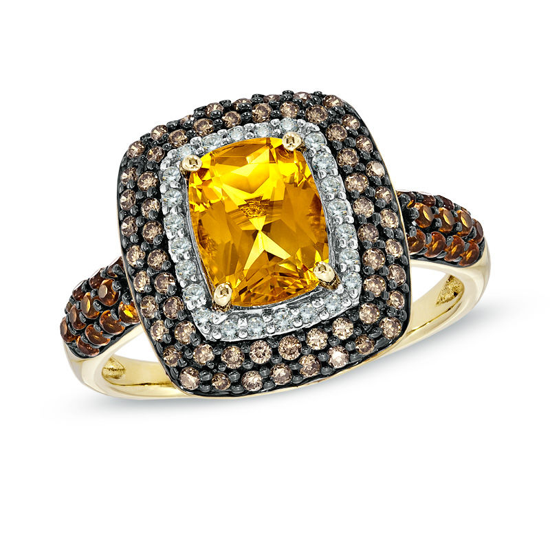 Main Image 1 of Cushion-Cut Madeira Citrine and 1/3 CT. T.W. Enhanced Champagne and White Diamond Ring in 10K Gold