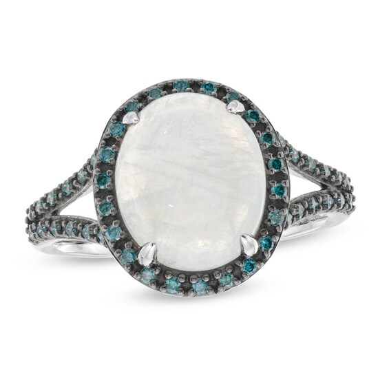 Oval Blue Moonstone and 1/5 CT. T.w. Enhanced Blue Diamond Ring in 10K White Gold