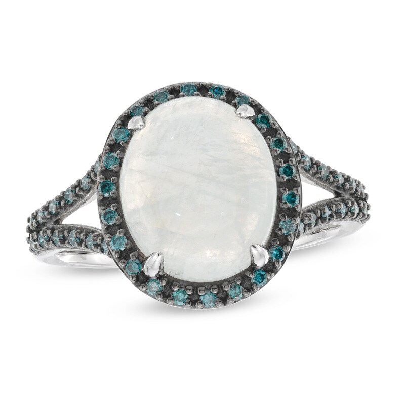 Main Image 1 of Oval Blue Moonstone and 1/5 CT. T.W. Enhanced Blue Diamond Ring in 10K White Gold