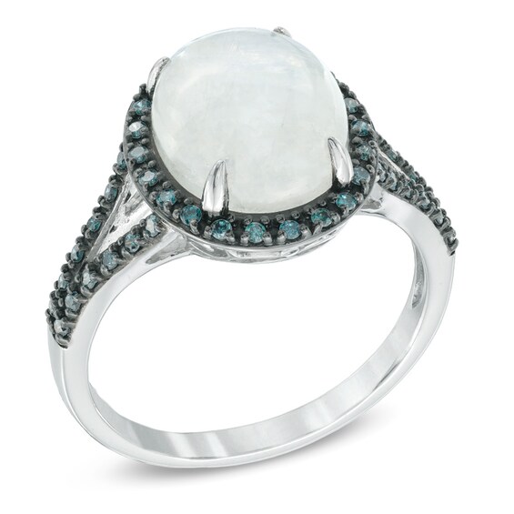 Oval Blue Moonstone and 1/5 CT. T.w. Enhanced Blue Diamond Ring in 10K White Gold