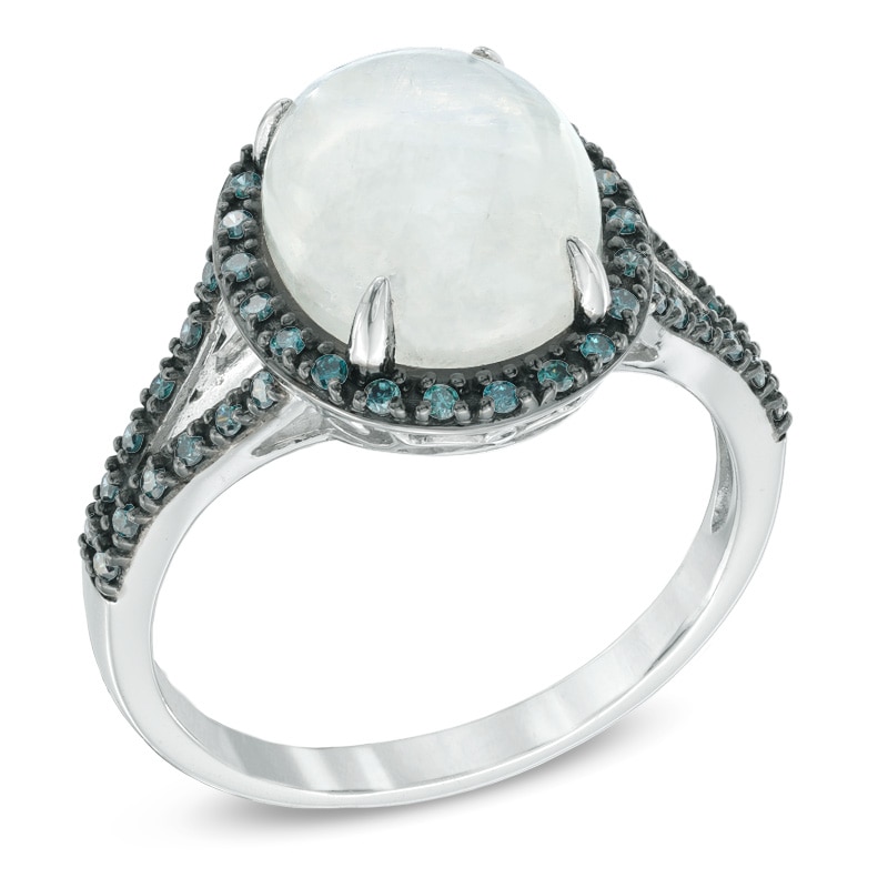 Main Image 2 of Oval Blue Moonstone and 1/5 CT. T.W. Enhanced Blue Diamond Ring in 10K White Gold