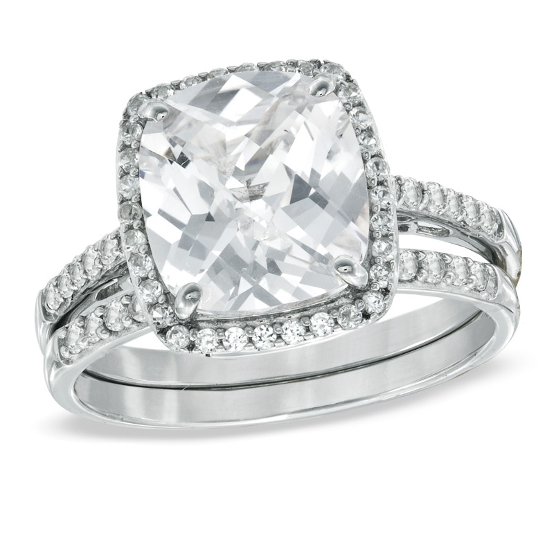 Main Image 1 of Cushion-Cut Lab-Created White Sapphire Fashion Ring Set in Sterling Silver