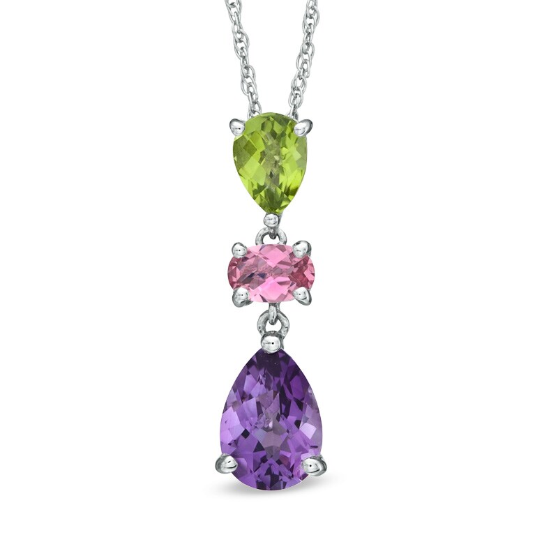 Main Image 1 of Pear-Shaped Amethyst, Peridot and Pink Tourmaline Pendant in Sterling Silver