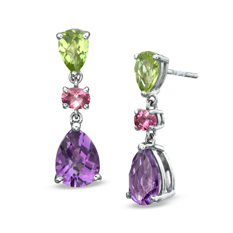 Main Image 1 of Pear-Shaped Amethyst, Peridot and Pink Tourmaline Earrings in Sterling Silver