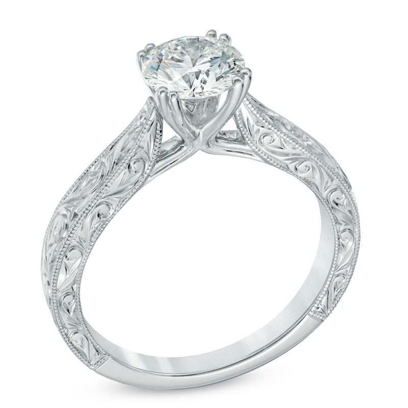 Main Image 2 of Celebration Fire® 1 CT. Diamond Solitaire Vintage-Style Ring in 14K White Gold (H-I/SI1-SI2)