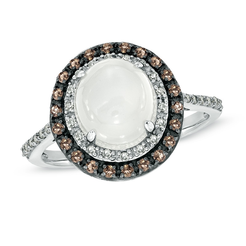 Main Image 1 of Oval White Moonstone, Smoky Quartz and 1/10 CT. T.W. Diamond Ring in 10K White Gold