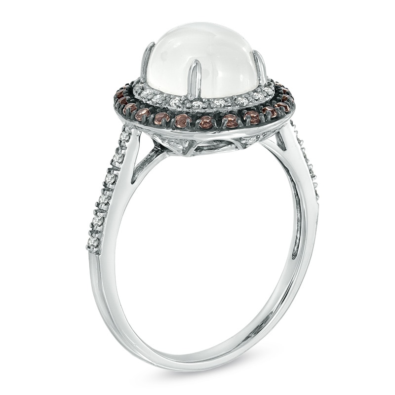 Main Image 2 of Oval White Moonstone, Smoky Quartz and 1/10 CT. T.W. Diamond Ring in 10K White Gold