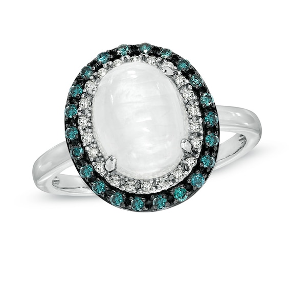 Oval Blue Moonstone and 1/5 CT. T.w. Enhanced Blue and White Diamond Ring in 10K White Gold