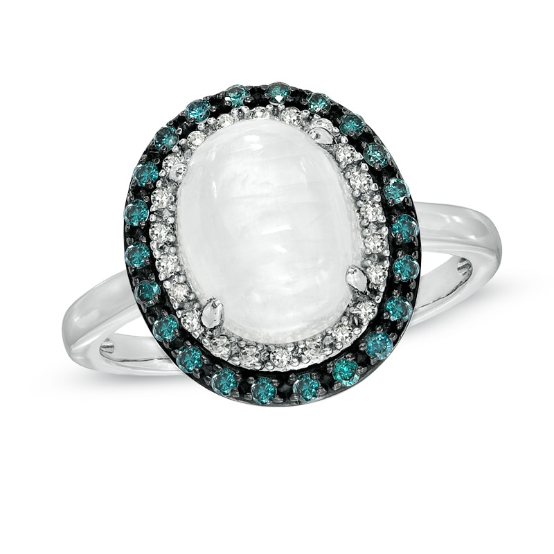 Main Image 1 of Oval Blue Moonstone and 1/5 CT. T.W. Enhanced Blue and White Diamond Ring in 10K White Gold