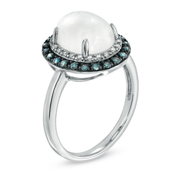 Oval Blue Moonstone and 1/5 CT. T.w. Enhanced Blue and White Diamond Ring in 10K White Gold