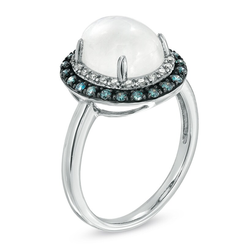 Main Image 2 of Oval Blue Moonstone and 1/5 CT. T.W. Enhanced Blue and White Diamond Ring in 10K White Gold