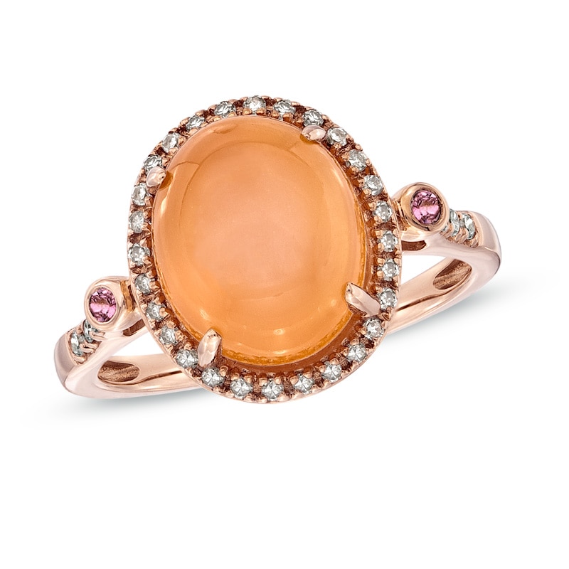 Oval Peach Moonstone, Pink Tourmaline and 1/6 CT. T.W. Diamond Ring in 10K Rose Gold