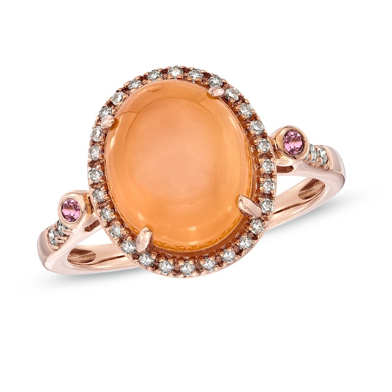 Main Image 1 of Oval Peach Moonstone, Pink Tourmaline and 1/6 CT. T.W. Diamond Ring in 10K Rose Gold