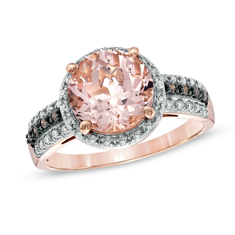 Main Image 1 of 9.0mm Morganite and 1/6 CT. T.W. Enhanced Champagne and White Diamond Ring in 10K Rose Gold