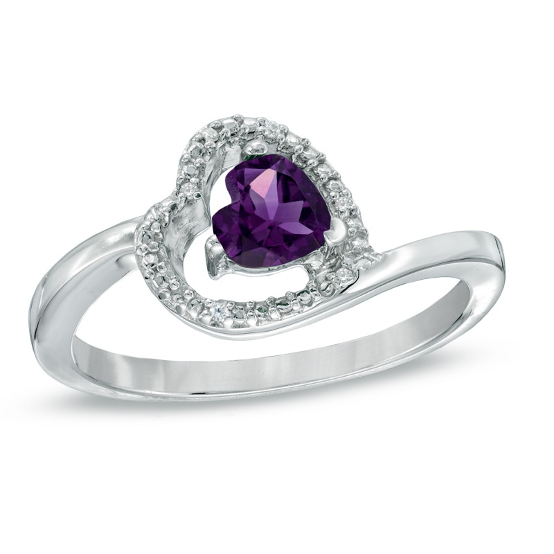 5.0mm Sideways Heart-Shaped Amethyst and Diamond Accent Promise Ring in Sterling Silver