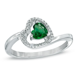 5.0mm Sideways Heart-Shaped Lab-Created Emerald and Diamond Accent Promise Ring in Sterling Silver