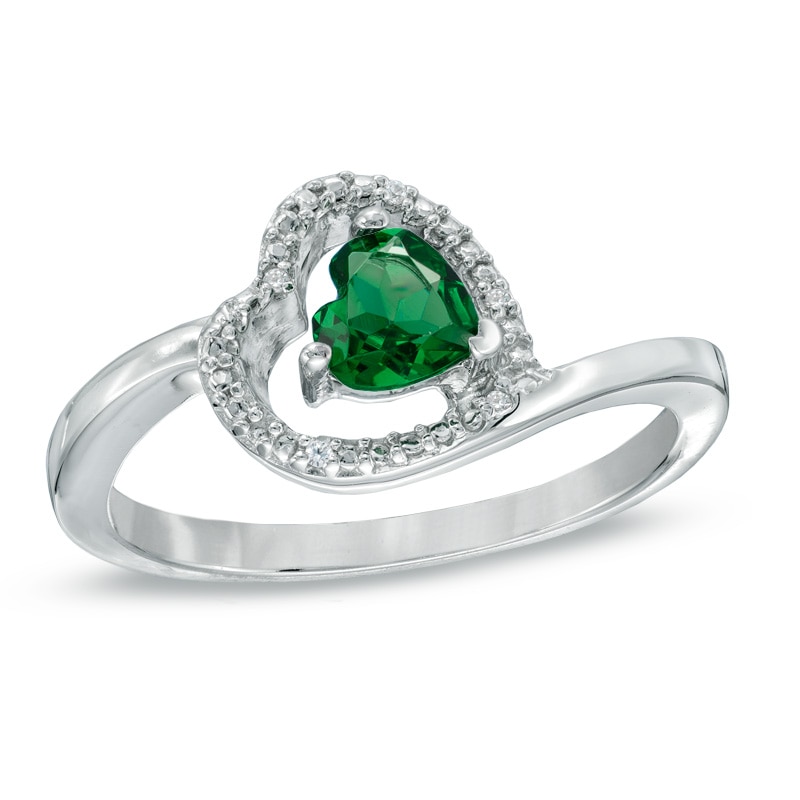 Main Image 1 of 5.0mm Sideways Heart-Shaped Lab-Created Emerald and Diamond Accent Promise Ring in Sterling Silver
