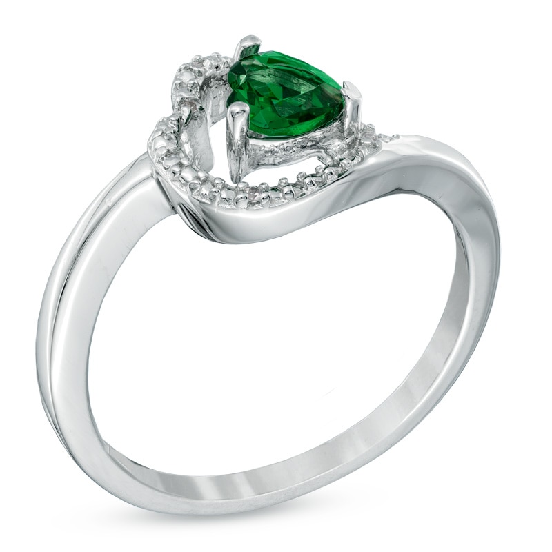 Main Image 2 of 5.0mm Sideways Heart-Shaped Lab-Created Emerald and Diamond Accent Promise Ring in Sterling Silver