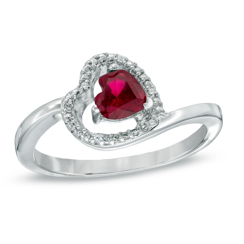 5.0mm Sideways Heart-Shaped Lab-Created Ruby and Diamond Accent Promise Ring in Sterling Silver