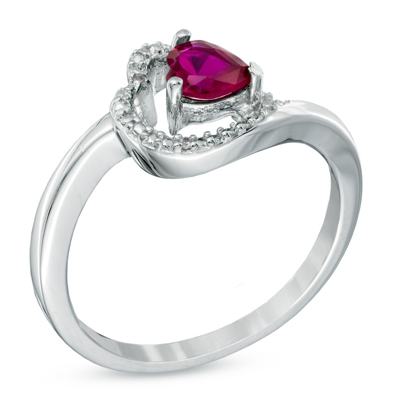 5.0mm Sideways Heart-Shaped Lab-Created Ruby and Diamond Accent Promise Ring in Sterling Silver