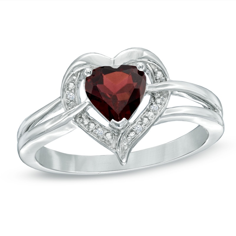 6.0mm Heart-Shaped Garnet and Diamond Accent Ring in Sterling Silver