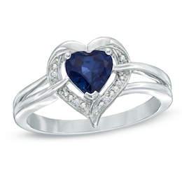 6.0mm Heart-Shaped Lab-Created Blue Sapphire and Diamond Accent Ring in Sterling Silver
