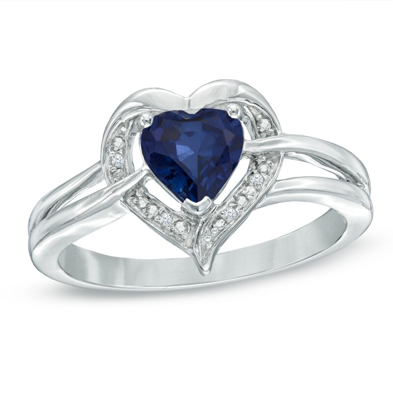 Main Image 1 of 6.0mm Heart-Shaped Lab-Created Blue Sapphire and Diamond Accent Ring in Sterling Silver