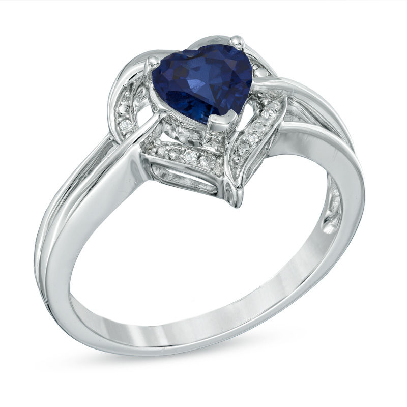 Main Image 2 of 6.0mm Heart-Shaped Lab-Created Blue Sapphire and Diamond Accent Ring in Sterling Silver