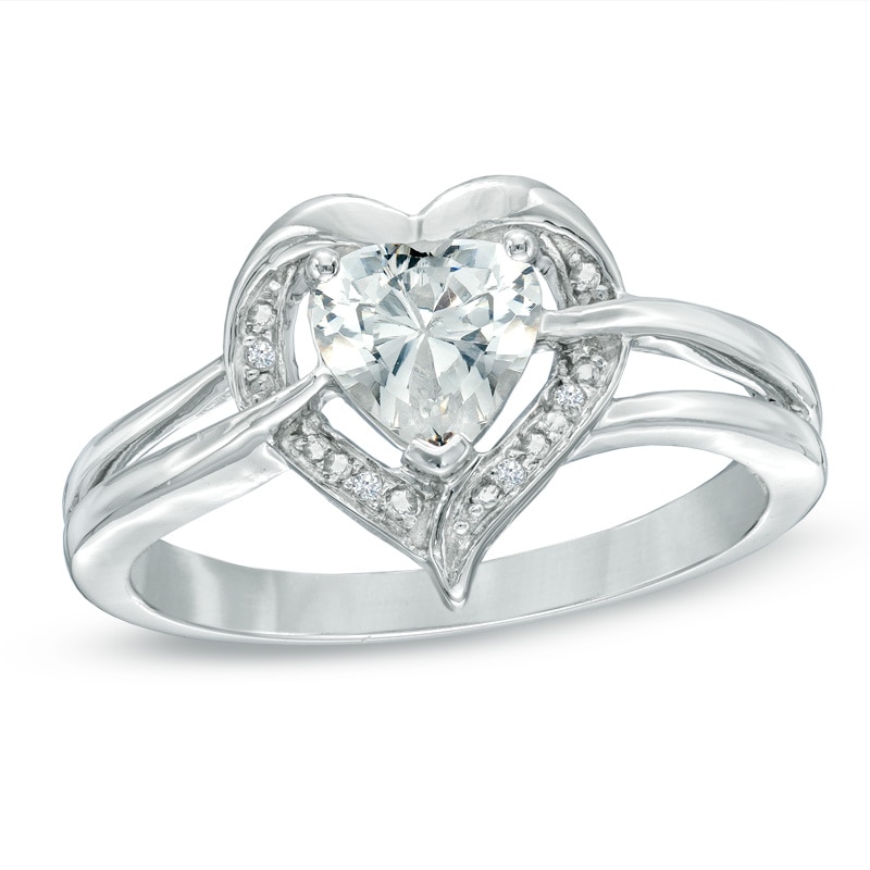 Main Image 1 of 6.0mm Heart-Shaped Lab-Created White Sapphire and Diamond Accent Ring in Sterling Silver