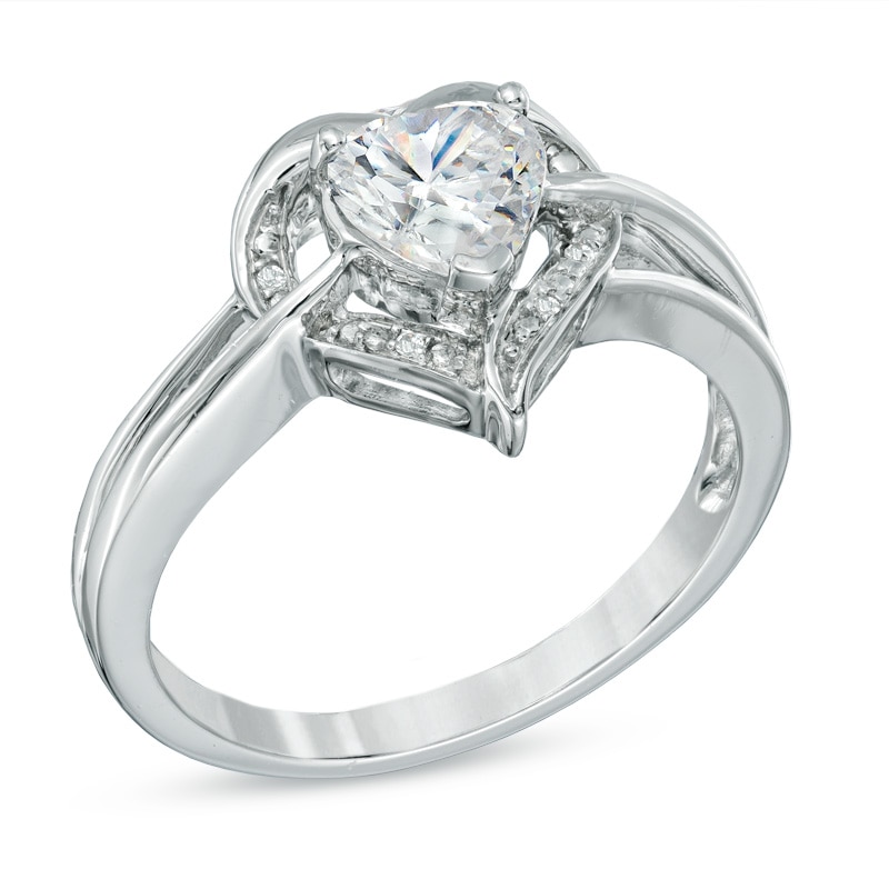 Main Image 2 of 6.0mm Heart-Shaped Lab-Created White Sapphire and Diamond Accent Ring in Sterling Silver