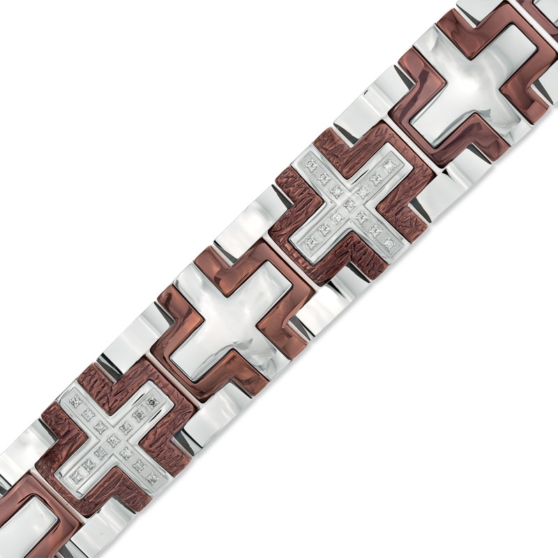 Main Image 1 of 1/5 CT. T.W. Diamond Cross Bracelet in Two-Tone Stainless Steel - 8.25"