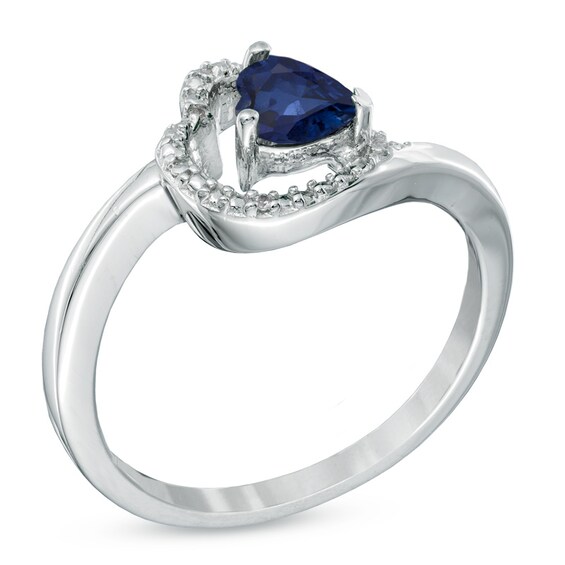 5.0mm Sideways Heart-Shaped Lab-Created Sapphire and Diamond Accent Promise Ring in Sterling Silver
